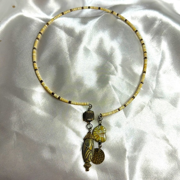 Vintage BOHO beaded open front necklace with dangling charms/ so unusual - Picture 1 of 4